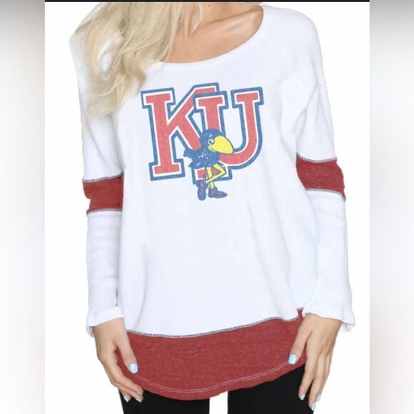 NWT Fanatics Women’s Kansas Jayhawks Boyfriend Thermal Long Sleeve Top Shirt - S - Picture 2 of 7